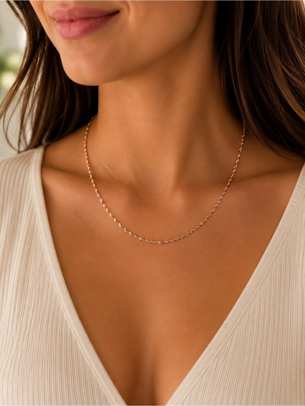 Sparkling Singapore Twist Rope Necklace in Rose Gold Filled- 18 Inches